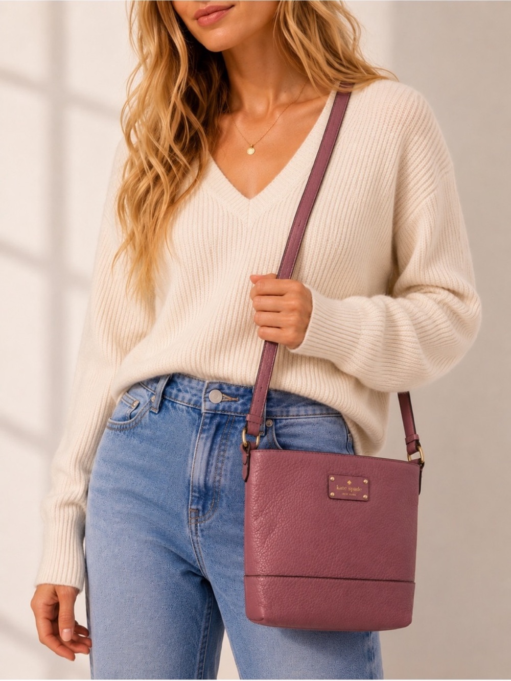 Kate Spade Crossbody Bag Pebbled Leather Mauve Pink Medium Everyday Purse